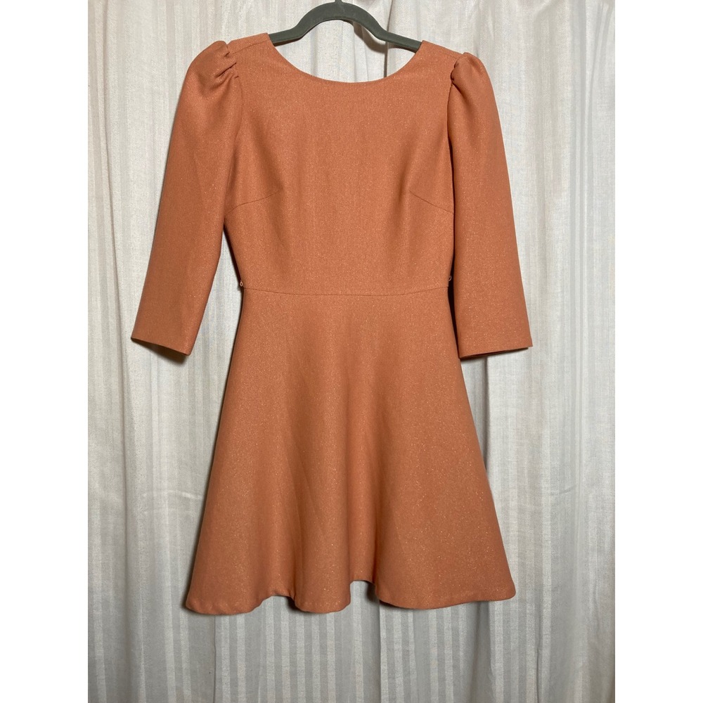 Romantic Peach Glitter Fit & Flare Mini Dress Puff Sleeve S Feminine Minimalist